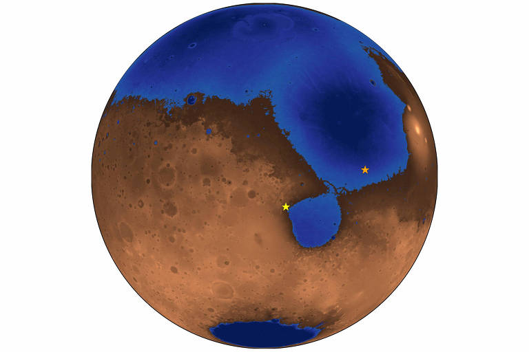 A imagem mostra uma representação do planeta Marte， com uma superfície predominantemente marrom e áreas azuis que podem representar água ou gelo. Dois pontos amarelos estão destacados na superfície.