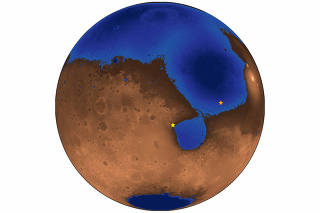 An illustration shows a hypothetical picture of Mars 3.6 billion years ago when an ocean may have covered nearly half the planet