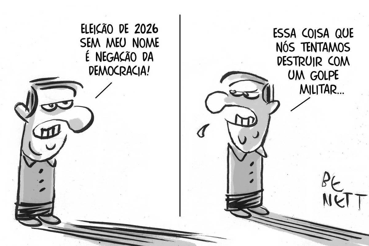 Uma charge em preto e branco com dois personagens. O primeiro personagem diz: 'Eleições de 2026 sem meu nome é negação da democracia!' O segundo personagem responde: 'Essa coisa que nós tentamos destruir com um golpe militar...'. A assinatura 'Bennett' está no canto inferior direito.