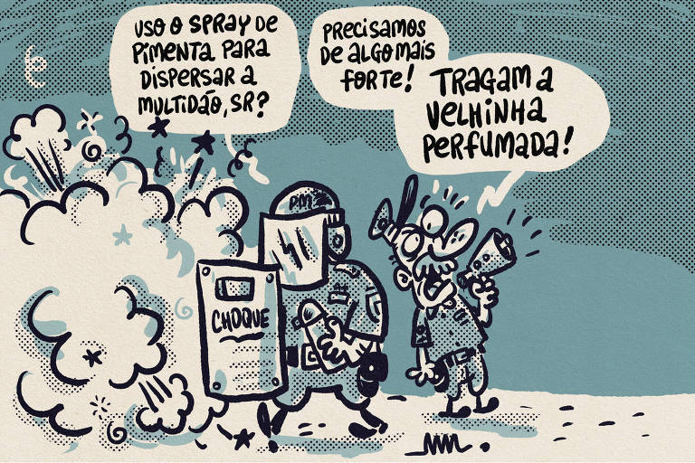 Uma ilustração em estilo de quadrinhos mostra um policial usando um spray de pimenta e conversando com um homem. O policial pergunta se ele deve usar o spray para dispersar a multidão， enquanto o homem responde que precisam de algo mais forte e pede para trazer 039;a velhinha perfumada039;. O fundo é azul com nuvens de fumaça ao redor.