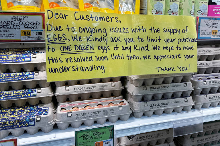 Uma placa amarela em uma prateleira de supermercado informa aos clientes sobre a limitação na compra de ovos. O texto diz: 'Dear Customers, Due to ongoing issues with the supply of EGGS, we kindly ask you to limit your purchase to ONE DOZEN eggs of any kind. We hope to have this resolved soon. Until then, we appreciate your understanding. THANK YOU!'. Ao fundo, há caixas de ovos e outros produtos alimentícios.