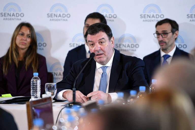 A imagem mostra uma reunião no Senado Argentino， com um homem ao centro falando em um microfone. Ele está vestido com um terno escuro e uma gravata clara. À sua esquerda， uma mulher com cabelo longo e solto， vestindo um blazer escuro， observa atentamente. À direita， dois homens， um com óculos e outro com um terno escuro， também estão presentes. Ao fundo， há uma parede com o logo do Senado Argentino.