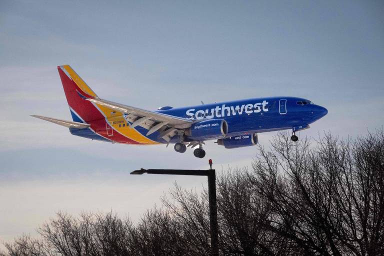 Um avião da Southwest Airlines， pintado de azul com detalhes em vermelho e amarelo， está em processo de aterrissagem. O fundo apresenta um céu claro e algumas árvores sem folhas， enquanto um poste de luz é visível na parte inferior da imagem.