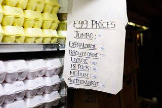 Egg prices listed at a grocery in the Bronx on Feb. 19, 2025. (Graham Dickie/The New York Times)