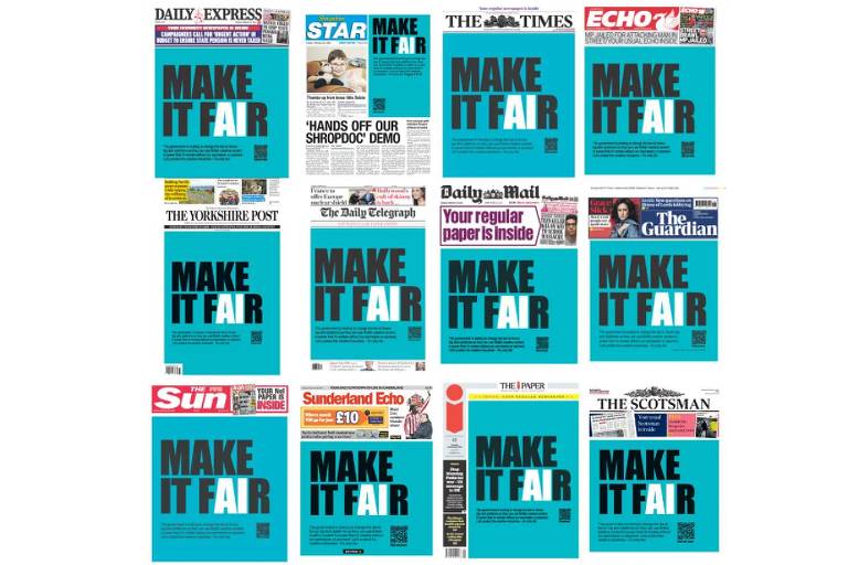 A imagem apresenta uma colagem de capas de diversos jornais， todos destacando a frase 039;MAKE IT FAIR039; em letras grandes e em negrito sobre um fundo azul. Os jornais incluem 039;Daily Express039;， 039;The Star039;， 039;The Times039;， 039;Echo039;， 039;The Yorkshire Post039;， 039;The Daily Telegraph039;， 039;Daily Mail039;， 039;The Guardian039;， 039;The Sun039;， 039;Sunderland Echo039;， 039;The Papers039;， e 039;The Scotsman039;.