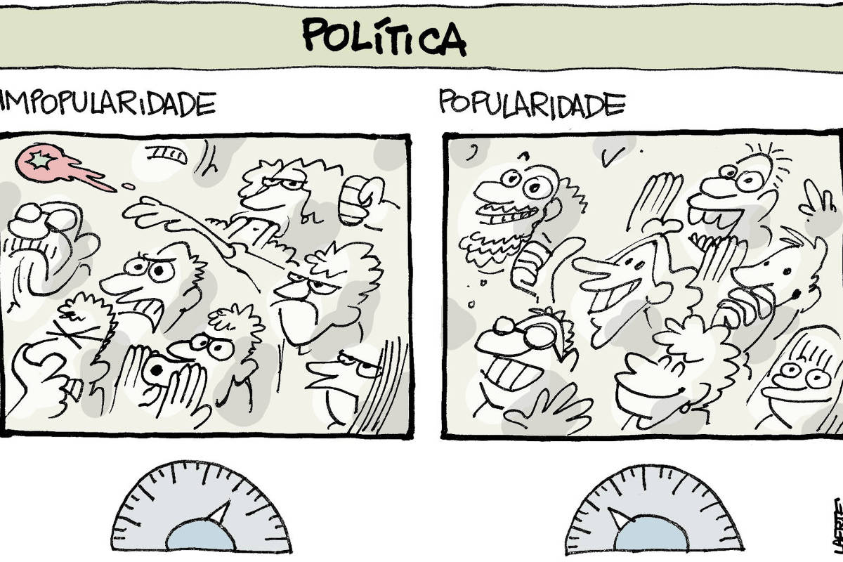 A imagem é uma caricatura dividida em duas partes, com o título 'POLÍTICA' na parte superior. À esquerda, a seção intitulada 'IMPOPULARIDADE' mostra um grupo de pessoas com expressões de raiva e descontentamento, algumas com as mãos levantadas, enquanto à direita, na seção 'POPULARIDADE', as pessoas estão sorrindo e fazendo gestos de alegria. Abaixo de cada seção, há medidores que indicam os níveis de impopularidade e popularidade.