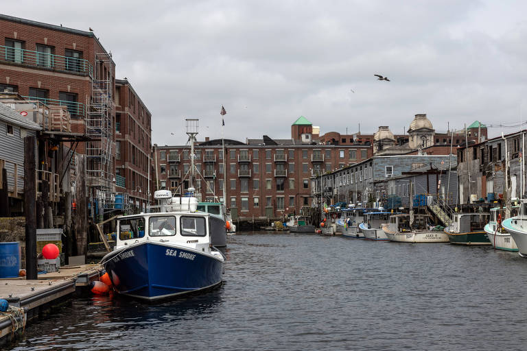 A imagem mostra um cais com vários barcos ancorados em um canal. À esquerda， há um barco azul com o nome 039;SEA 5800039;. O ambiente é urbano， com edifícios de tijolos ao fundo e um céu nublado. Algumas gaivotas podem ser vistas voando. O canal é cercado por estruturas de madeira e metal.