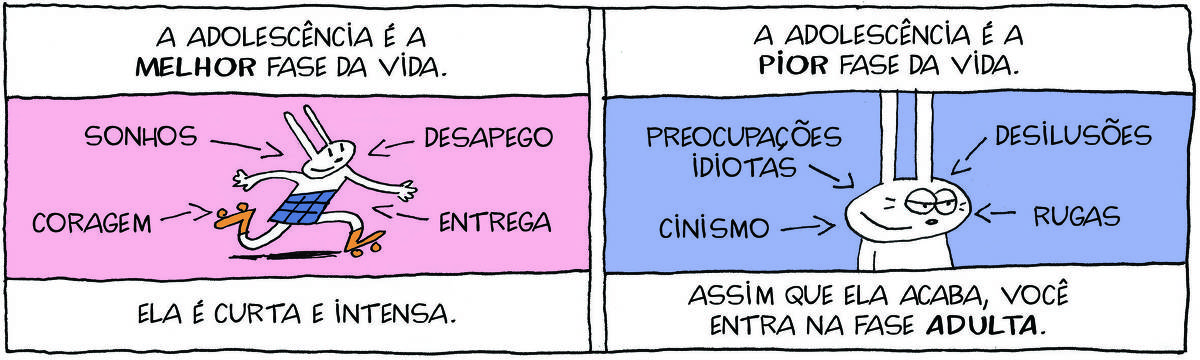 A tirinha Bicudinho, publicada em 27/02/2025, traz TATI MATISSE, uma coelhinha branca de orelhas compridas e saia azul. No primeiro quadrinho vem o título: A adolescência é a MELHOR fase da vida. Abaixo, Tati, feliz, anda de patins. Em sua volta, setas com indicações: sonhos coragem, desapego, entrega.  Abaixo, a legenda: ela é curta e intensa. No segundo quadrinho vem o título: a adolescência é a PIOR fase da vida.Abaixo, ela está com cara de cínica, envelhecida. Em sua volta, setas com indicações: preocupações idiotas, cinismo, desilusões, rugas .Abaixo, a legenda: Assim que ela acaba, você entra na fase adulta.