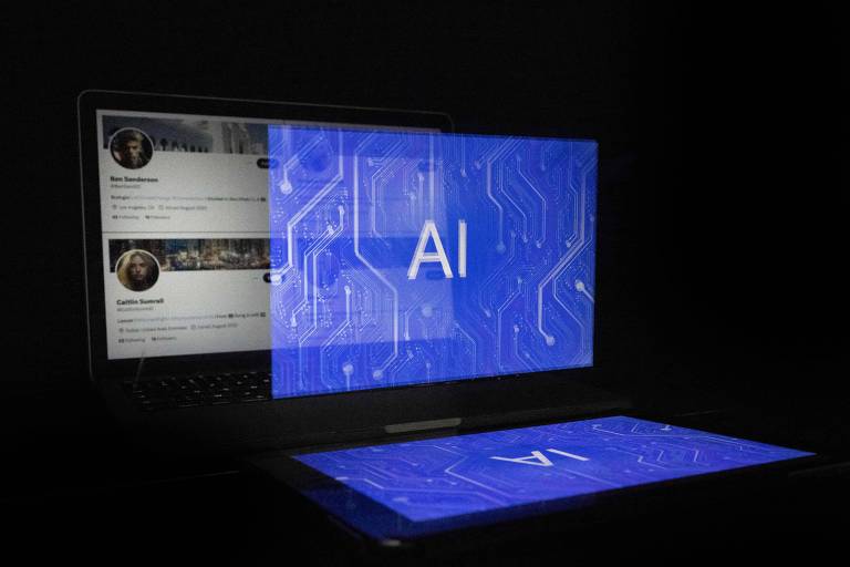 A imagem mostra um laptop com uma tela que exibe um fundo azul com circuitos e a sigla 039;AI039; em destaque. Ao fundo， é possível ver uma interface de rede social com perfis de usuários， mas os detalhes não são claramente visíveis devido ao foco na tela azul.