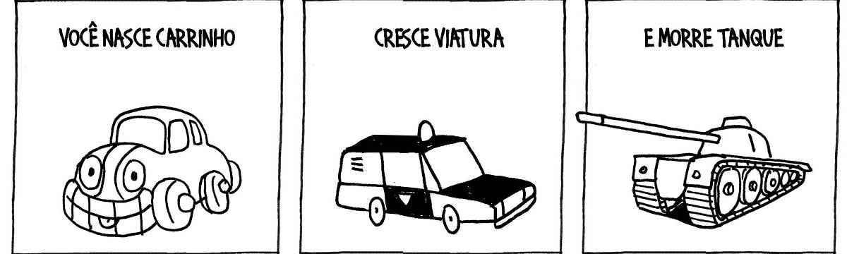 A tira de André Dahmer, publicada em 28.02.2024, tem três quadrinhos. No primeiro,há um carro de brinquedo. A legenda diz: "Você nasce carrinho". No segundo quadrinho, há um carro de polícia. A legenda diz: "Cresce viatura". No terceiro e último quadro, há um tanque de guerra. A legenda diz: "E morre tanque".