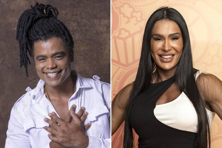 A imagem é dividida em duas partes. À esquerda, um homem com cabelo dreadlocks, vestindo uma camisa branca, sorrindo e com as mãos sobre o peito. À direita, uma mulher com cabelo longo e liso, usando uma blusa preta e branca, sorrindo e com as mãos na cintura.