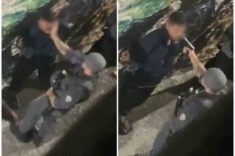 A imagem mostra duas fotos lado a lado de um confronto entre um policial e um indivíduo. O policial， vestido com uniforme tático e capacete， está apontando uma arma para o indivíduo， que parece estar encostado em uma parede. A parede atrás deles possui uma pintura colorida