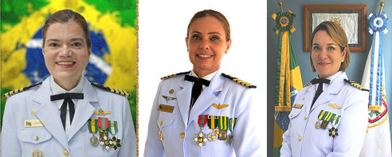 A imagem apresenta três retratos de uma oficial militar feminina， vestindo um uniforme branco com insígnias e medalhas. O fundo do primeiro retrato é uma bandeira do Brasil estilizada. O segundo retrato mostra a oficial com um sorriso， enquanto o terceiro retrato a exibe em um ambiente interno， com bandeiras do Brasil e de outras instituições ao fundo.