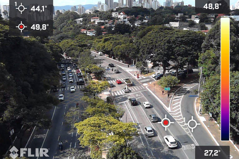 A imagem mostra uma interseção urbana com tráfego de veículos. À esquerda, há uma fila de carros e uma moto. À direita, um cruzamento com ciclovia visível. No fundo, há prédios altos e vegetação densa. Informações térmicas são exibidas no canto superior, com temperaturas de 44,1°C e 49,8°C, e uma barra de temperatura à direita mostrando 27,2°C.