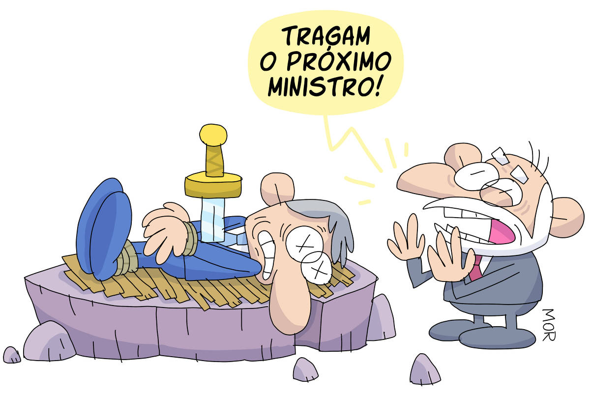 Na charge temos um homem amarrado e postado em uma pedra com um punhal fincado em seu peito e ao lado temos o presidente Lula gritando: "Tragam o próximo ministro!".