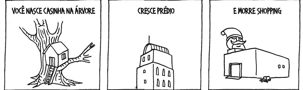 A tira de André Dahmer, publicada em 01.03.2024, tem três quadrinhos. No primeiro,há uma casa de madeira sobre uma árvore. A legenda diz: "Você nasce casinha na árvore". No segundo quadrinho, há um edifício. A legenda diz: "Cresce prédio". No terceiro e último quadro, há um shopping center com um grande papai noel no teto. A legenda diz: "E morre shopping".