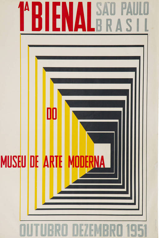 Pôster da 1ª Bienal de São Paulo， Brasil， destacando um design gráfico com formas geométricas em camadas. O texto inclui 039;1ª BIENAL039;， 039;SÃO PAULO039;， 039;BRASIL039;， 039;DO MUSEU DE ARTE MODERNA039; e 039;OUTUBRO DEZEMBRO 1951039;. As cores predominantes são vermelho， amarelo e tons de cinza.