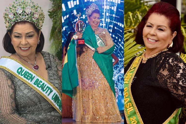 A imagem é composta por três fotos de uma mulher em diferentes momentos. Na primeira, ela usa uma coroa e uma faixa escrita 'QUEEN BEAUTY UNIVERSE', com um vestido brilhante. Na segunda, ela segura um troféu e está vestida com um vestido dourado e uma capa verde, sorrindo. Na terceira, ela aparece com um vestido preto e uma faixa que diz 'RAINHA BRASIL 2019', também sorrindo.