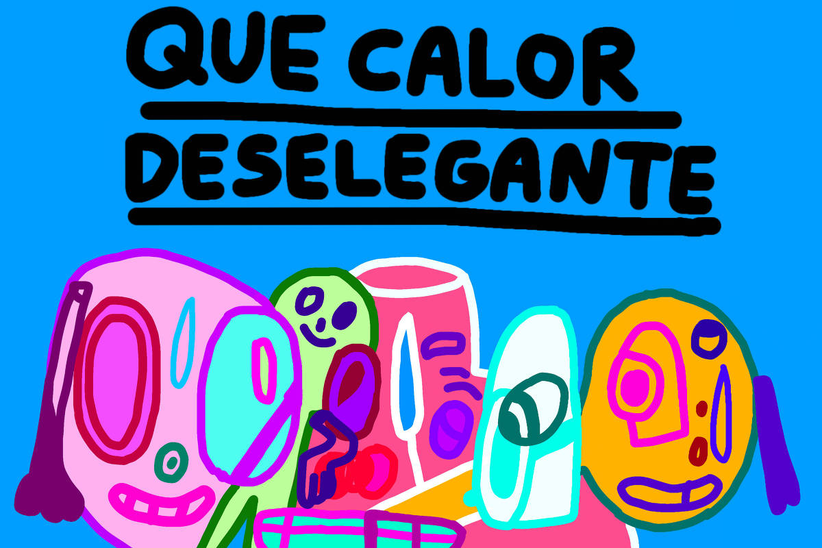 A imagem apresenta um fundo azul com várias figuras coloridas que parecem rostos estilizados. No centro, há um texto em letras grandes e pretas que diz 'QUE CALOR DESELEGANTE'. As figuras têm traços simples e expressões variadas, com cores vibrantes como rosa, verde, amarelo e azul.