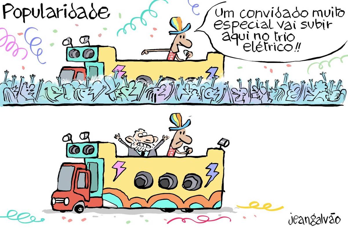 A charge de Jean Galvão publicada na Folha mostra um trio elétrico no carnaval, com a palavra “Popularidade” escrita no topo. A cena é dividida em dois quadros. No primeiro quadro, um cantor animado, vestindo um chapéu colorido e uma roupa de festa, está no trio elétrico segurando um microfone. Ele anuncia: “Um convidado muito especial vai subir aqui no trio elétrico!!”. Abaixo, uma multidão empolgada levanta os braços e acena animadamente. No segundo quadro, o convidado especial aparece: trata-se do presidente Lula, sorridente e de braços abertos. Porém, a multidão sumiu completamente, deixando o trio elétrico e seus ocupantes sozinhos no cenário.