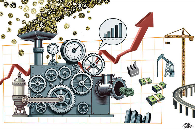 A ilustração de Amarildo， publicada na Folha de São Paulo em 2 de março de 2024， no formato horizontal， mostra uma grande máquina industrial composta por engrenagens interligadas， mostradores de pressão e um sistema mecânico complexo. No topo da máquina， há um funil por onde entram moedas douradas com o símbolo do cifrão ($). Ao fundo， um gráfico de linhas com uma curva vermelha ascendente representa crescimento econômico. Sobre a imagem， há um balão de fala contendo um gráfico de barras que também indica progresso. À direita da máquina， elementos da economia são simbolizados: fábricas， caminhões， pilhas de dinheiro e prédios altos saem por um tubo na frente da máquina. Além disso， há uma grua de construção， uma bomba de extração de petróleo e uma rodovia elevada， reforçando a ideia de desenvolvimento e infraestrutura. A ilustração usa cores metálicas para a máquina e tons esverdeados para os elementos financeiros e estruturais. No canto inferior direito， há a assinatura do quot;Amarildoquot;