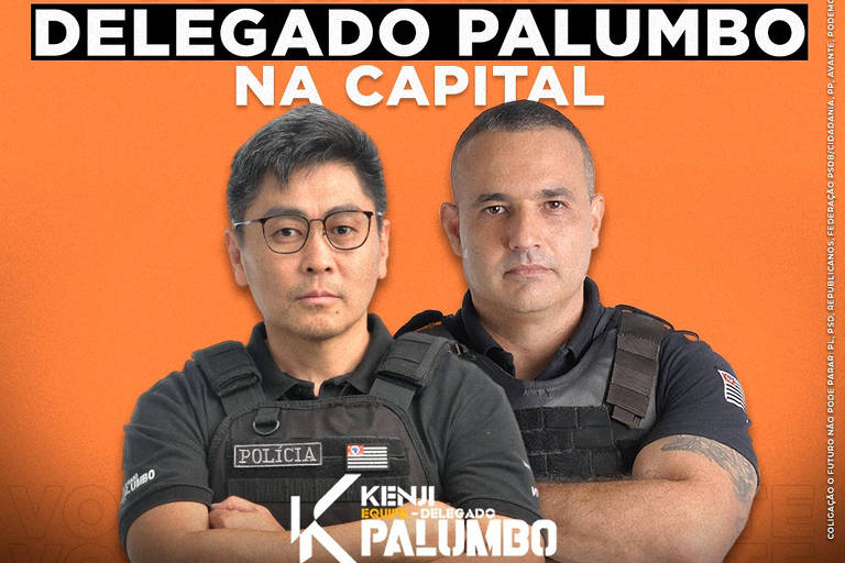 A imagem apresenta dois homens em trajes de polícia， um deles usando óculos e uma camisa preta com a palavra 039;Polícia039;， e o outro em um colete tático. O fundo é laranja e contém o texto: 039;PARA CONTINUIDADE DO TRABALHO DO DELEGADO PALUMBO NA CAPITAL039;. Na parte inferior， há o nome 039;Kieni Palumbo039; em destaque.