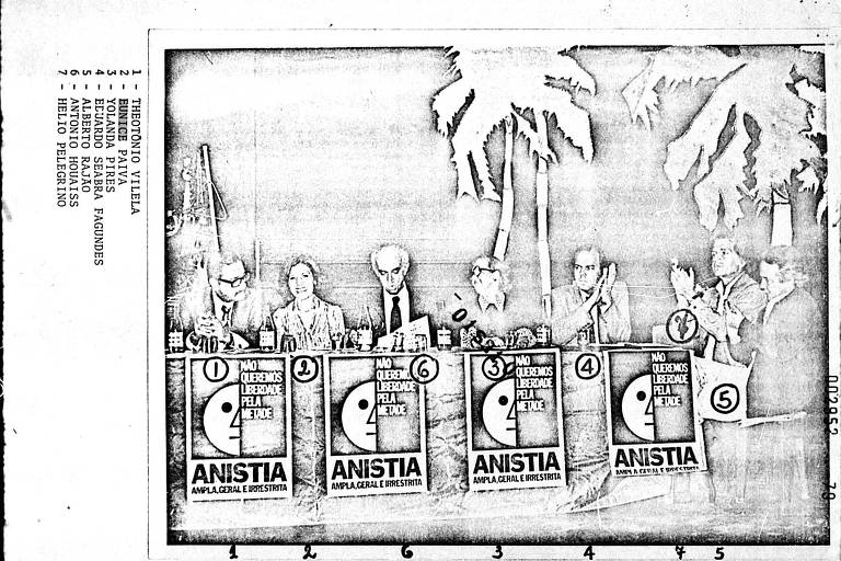 A imagem mostra uma reunião com várias pessoas sentadas em uma mesa， com cartazes à frente. Os cartazes têm a palavra 039;ANISTIA039; em destaque， e alguns contêm frases como 039;NÃO OBSTÁCULO A LIBERDADE PELA JUSTIÇA039;. Ao fundo， há palmeiras， sugerindo um ambiente tropical. A imagem parece ser uma reprodução em preto e branco.