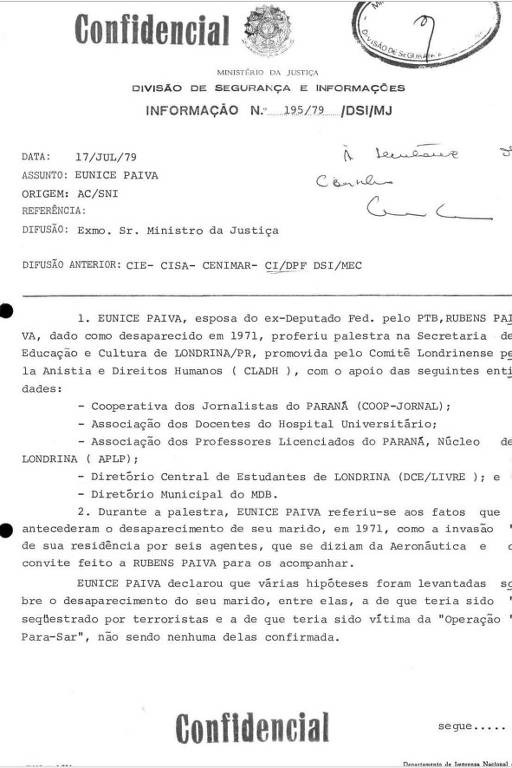 Documento confidencial sobre palestra de Eunice Paiva encaminhado ao ministro da Justiça