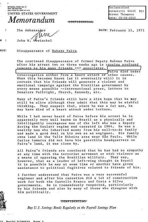 Memorando da embaixada dos Estados Unidos informa, no dia 11 de fevereiro de 1971, que Rubens Paiva havia morrido após tortura