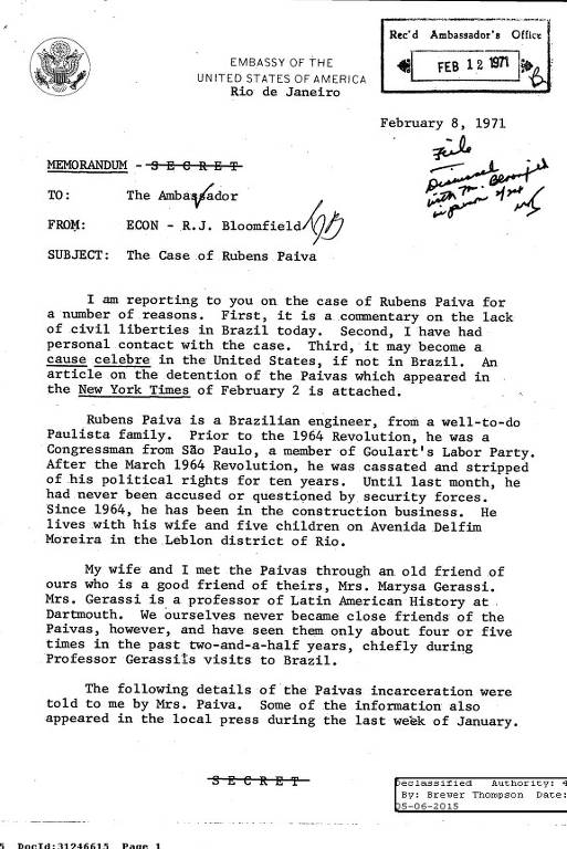 Memorando da embaixada dos Estados Unidos traz o relato de Eunice Paiva sobre a prisão dela após o marido, Rubens Paiva, ser levado por agentes da ditadura