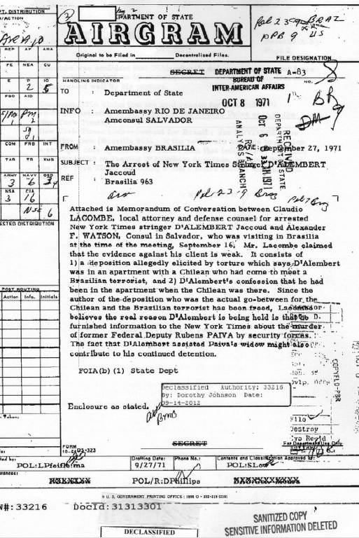 Memorando da embaixada dos Estados Unidos menciona o caso Rubens Paiva como motivação da prisão de jornalista do New York Times
