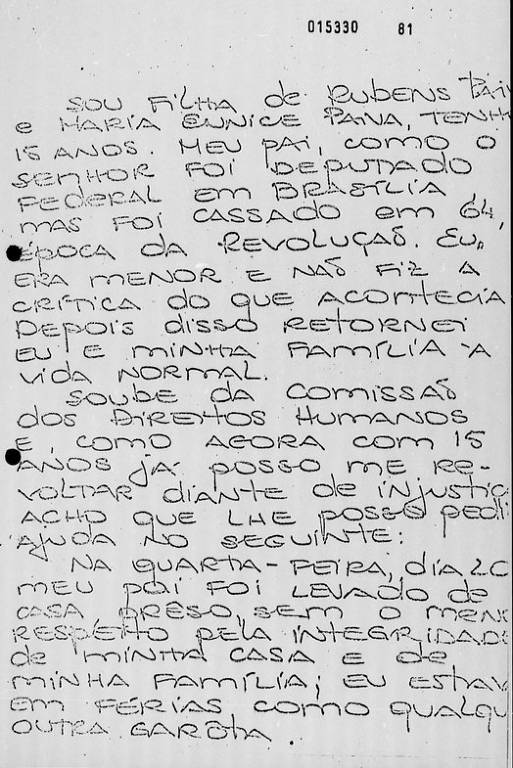 Carta escrita por Eliana Paiva após ser libertada, no dia 22 de janeiro de 1971, ao então deputado Pedroso Horta, na época líder do MDB e integrante do Conselho de Defesa dos Direitos da Pessoa Humana