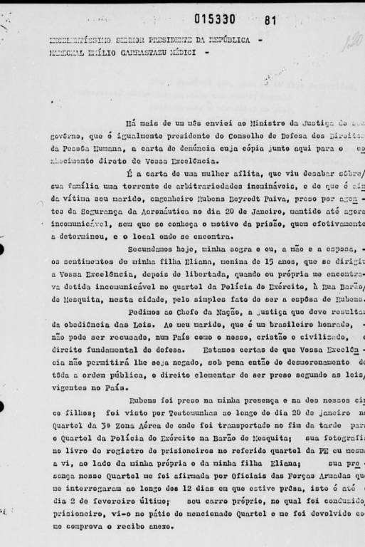 Carta de Eunice Paiva ao presidente Emílio Médici, em 22 de março de 1971, pedindo respostas para o desaparecimento de Rubens Paiva