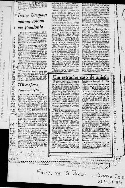 Reportagem da Folha de S.Paulo de 1981, em que Eunice Paiva diz ter recebido do deputado Pedroso Horta a confirmação sobre a morte de seu marido, Rubens Paiva