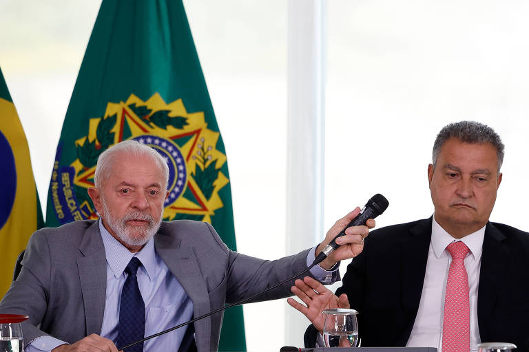 Na imagem, duas figuras estão sentadas em uma mesa durante uma reunião. À esquerda, um homem de cabelo grisalho e barba, vestido com um terno cinza e gravata, segura um microfone. À direita, um homem com cabelo curto e terno escuro, usando uma gravata rosa, parece estar ouvindo atentamente. Ao fundo, estão visíveis as bandeiras do Brasil e do estado da Bahia.