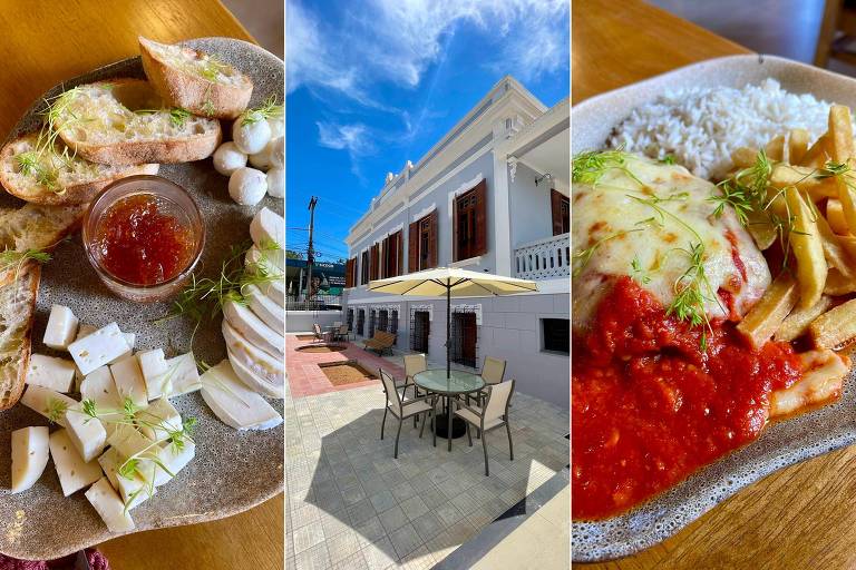 A imagem é composta por três partes. A primeira mostra uma tábua com queijos variados, fatias de pão e um pote de geléia, decorada com ervas. A segunda parte apresenta uma vista externa de um edifício branco com janelas de madeira e uma mesa com guarda-sol em um espaço ao ar livre. A terceira parte exibe um prato com arroz, batatas fritas e uma porção de carne coberta com molho de tomate e queijo derretido.