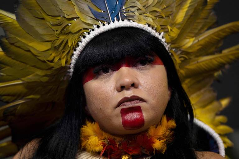 A imagem mostra uma mulher indígena com cabelo preto e liso， usando um cocar de penas amarelas. Seu rosto é pintado com cores vermelha e preta， e ela usa um colar de flores amarelas. A expressão dela é séria e contemplativa.