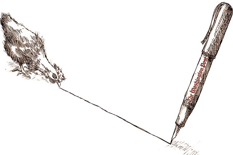 Na ilustração， à direita， uma galinha paralisada e sem poder se mexer， hipnotizada com o olhar fixo numa linha reta desenhada na sua frente. À direita， a caneta tinteiro que acaba de traçar a linha reta， tem uma gravação no corpo da caneta The Washington Post. O fundo da ilustração é branco， e os traços do desenho tem tons sépia escuro， lembrando as ilustrações que apareciam no jornal em 1877 quando fundado por Stilson Hutchins， em contraste das novas diretrizes editoriais de seu dono desde 2013， Jeff Bezos.