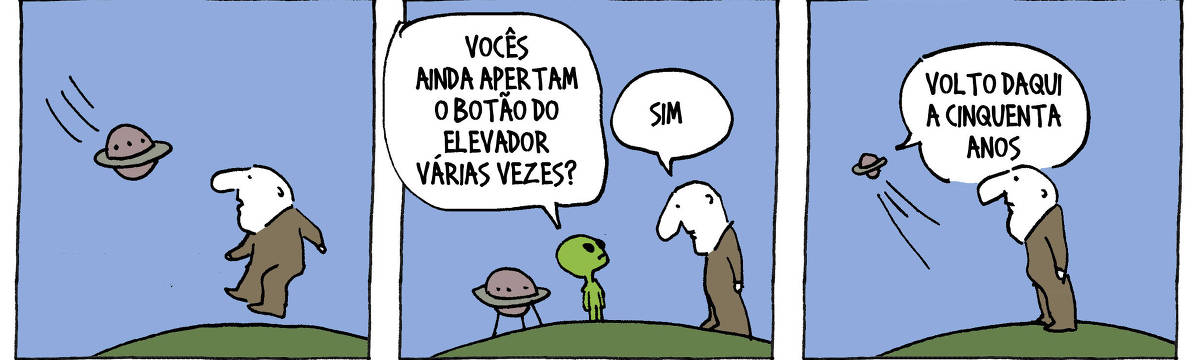 A tira de André Dahmer, publicada em 06.03.2024, tem três quadrinhos. No primeiro, um homem assustado vê um disco-voador se aproximar. No segundo quadrinho, o disco-voador está pousado. Um extra-terrestre está de frente para o homem, e pergunta: "Vocês ainda apertam o botão do elevador várias vezes?". O homem responde: "Sim". No terceiro e último quadrinho, o disco-voador está indo embora. Um balão de fala sai da nave: "Volto daqui a cinquenta anos".