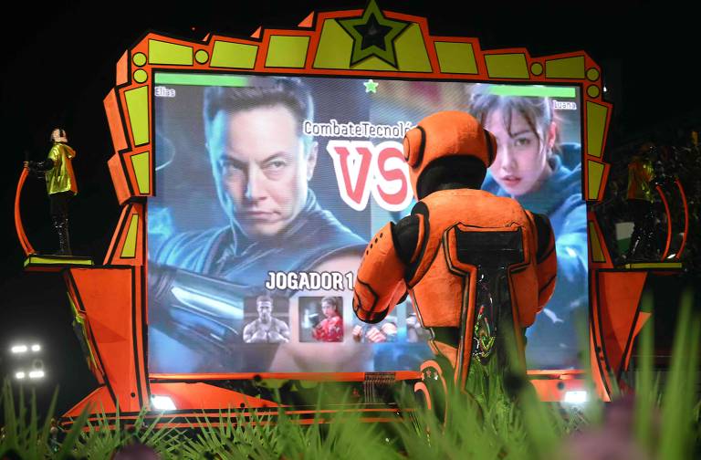 Mocidade leva para avenida simulação do jogo Street Fighter em que as personagens que duelam em lutas são políticos e bilionários, como Elon Musk