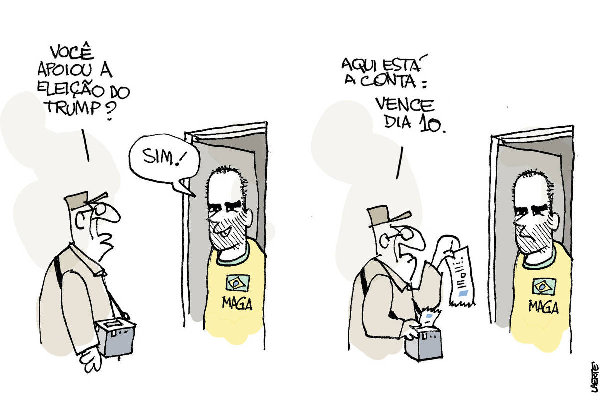 Charge de Laerte, em 2 cenas. 1) Um homem, de jaqueta caqui e boné, com uma maquininha a tiracolo, é atendido por Eduardo Bolsonaro, que veste uma camiseta amarela com a bandeira brasileira e o lema “M.A.G.A.” logo abaixo. O homem pergunta: “Você apoiou a eleição do Trump?” - Eduardo, radiante, responde: “Sim!” 2) O homem imprime na maquininha uma tira de papel e a entrega para Eduardo, dizendo: “Aqui está a conta: vence dia 10.