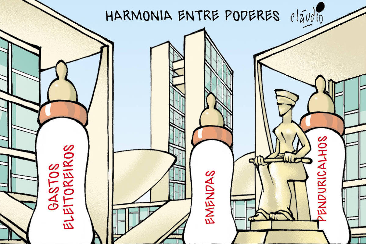 O título da charge é “Harmonia entre poderes”. O desenho mostra uma cena na Praça dos Três Poderes, em Brasília, com os prédios do Palácio do Planalto, do Congresso Nacional e do Supremo Tribunal Federal. Em primeiro plano, em frente ao Palácio do Planalto, aparece uma mamadeira gigante com as palavras “gastos eleitoreiros”. Em frente da sede do governo, em segundo plano, estão a estátua da Justiça e atrás dela também há uma mamadeira gigante com a palavra “penduricalhos”. Ao fundo, ao pé da rampa do prédio do Congresso, vê-se mais uma mamadeira gigante, agora com a palavra “emendas”.