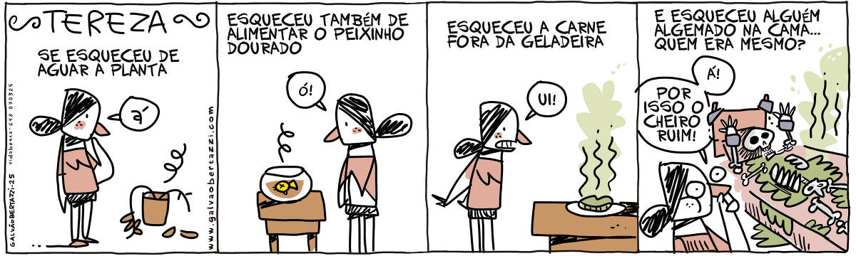 Uma tira de quadrinhos com a personagem Tereza. No primeiro quadrinho, Tereza se pergunta se esqueceu de regar a planta. No segundo, ela percebe que também esqueceu de alimentar o peixinho dourado. No terceiro, ela se dá conta de que esqueceu a carne fora da geladeira. No último quadrinho, ela se lembra de alguém que estava na cama e questiona quem era.