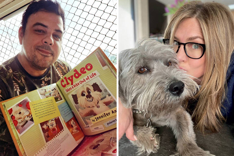 A imagem é dividida em duas partes. À esquerda, um homem sorridente segura um livro aberto intitulado 'Clydeo: Here’s the Dog of Life', mostrando ilustrações de cães. À direita, uma mulher com óculos está fazendo uma selfie com um cachorro de pelagem cinza, que está próximo ao seu rosto.