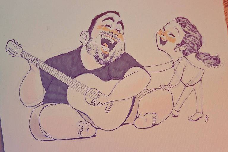 Uma ilustração em que um homem sorridente toca violão enquanto uma menina ao seu lado ri e se diverte. Ambos estão descalços e a cena transmite alegria e descontração.