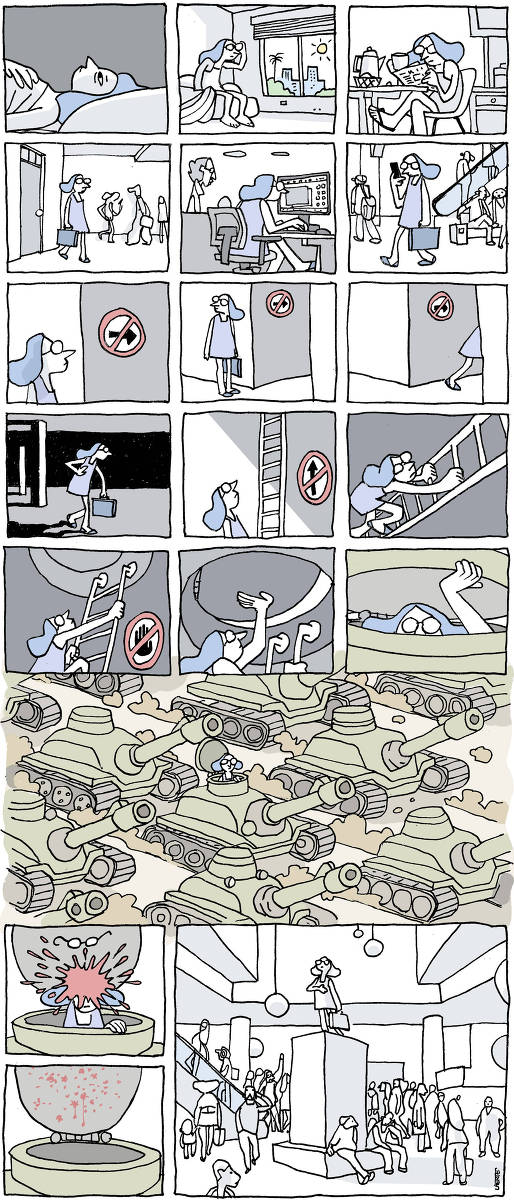 Quadrão de Laerte, em 19 quadrinhos, ao longo dos quais uma mulher desperta em seu quarto, se levanta, toma café lendo jornal. Pela janela, o sol brilha sobre uma cidade. Ela sai do seu apartamento com uma maleta. O ambiente fora do apartamento é um lugar público, com pessoas circulando, como num shopping center. Ela vai para o trabalho, numa mesa com um computador, e no fim do expediente vem voltando, pelos mesmos lugares. Ela observa, numa parede, um sinal de sentido proibido. Após olhar em volta, resolve desobedecer e entrar por ali. Ela passa por lugares com mais sinais de proibido e chega a uma escada de metal, na parede, por onde também um cartaz proibe de subir. Ela sobe. Lá em cima encontra uma tampa redonda, igualmente proibida de tocar. Ela a abre e se percebe numa realidade diferente, dentro de um tanque de guerra, em meio a um batalhão de tanques de guerra que avançam em formação. Um projétil atinge a sua testa e ela cai de volta no lugar por onde veio. A cena final é no ambiente de shopping, com pessoas circulando, passeando ou fazendo compras em torno de uma estátua que representa a mulher, com sua maletinha, numa pose mais ou menos heróica.