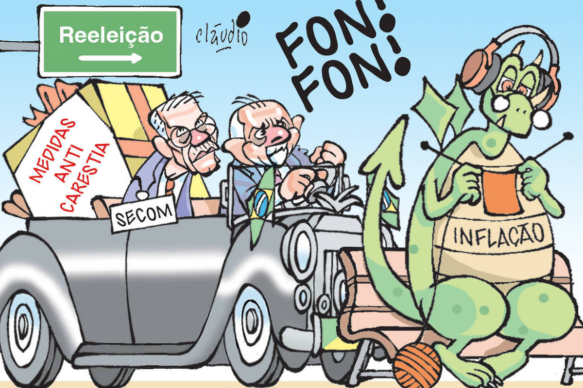 Charge de Cláudio mostra Lula ao volante no Rolls Royce presidencial. Ao do lado dele está o chefe da Secretaria de Comunicação da Presidência, Sidônio Palmeira. No banco de trás há um imenso pacote, com uma etiqueta com o texto “Medidas anticarestia”. Lula bate com o punho na buzina do carro: "Fon! Fon!". Na frente do Rolls Royce há um banco de praça, no qual está sentado tranquilamente o dragão da inflação, aovundo música e tricotando crochê.