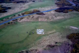 A drone view shows the aftermath of a pro-Palestinian protest on U.S. President Donald Trump's golf course in Turnberry