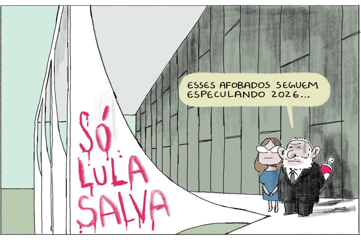 A imagem é uma charge política que mostra dois personagens, um homem e uma mulher, em frente a um muro. O muro tem uma faixa branca com a frase 'SÓ LULA SALVA' escrita em letras grandes e vermelhas. O homem, com barba e terno, segura uma bebida, enquanto a mulher, usando óculos escuros e um chapéu, observa. Acima deles, há um balão de fala que diz: 'ESSA AFOBADOS SEGUEM ESPECULANDO 2026...'.