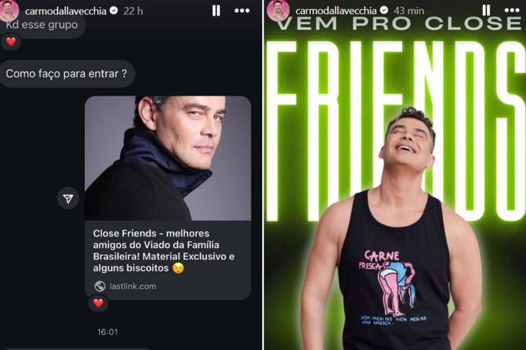A imagem mostra uma conversa em um aplicativo de mensagens. À esquerda, há uma mensagem perguntando como entrar em um grupo, acompanhada de uma foto de um homem. Abaixo, uma resposta diz que a pessoa entrou no grupo e achou muito bom, mencionando que enviará uma foto depois. À direita, há uma imagem promocional com a palavra 'FRIENDS' em destaque e um homem sorridente vestindo uma camiseta preta com a palavra 'CARNE' escrita. O fundo é verde e iluminado.